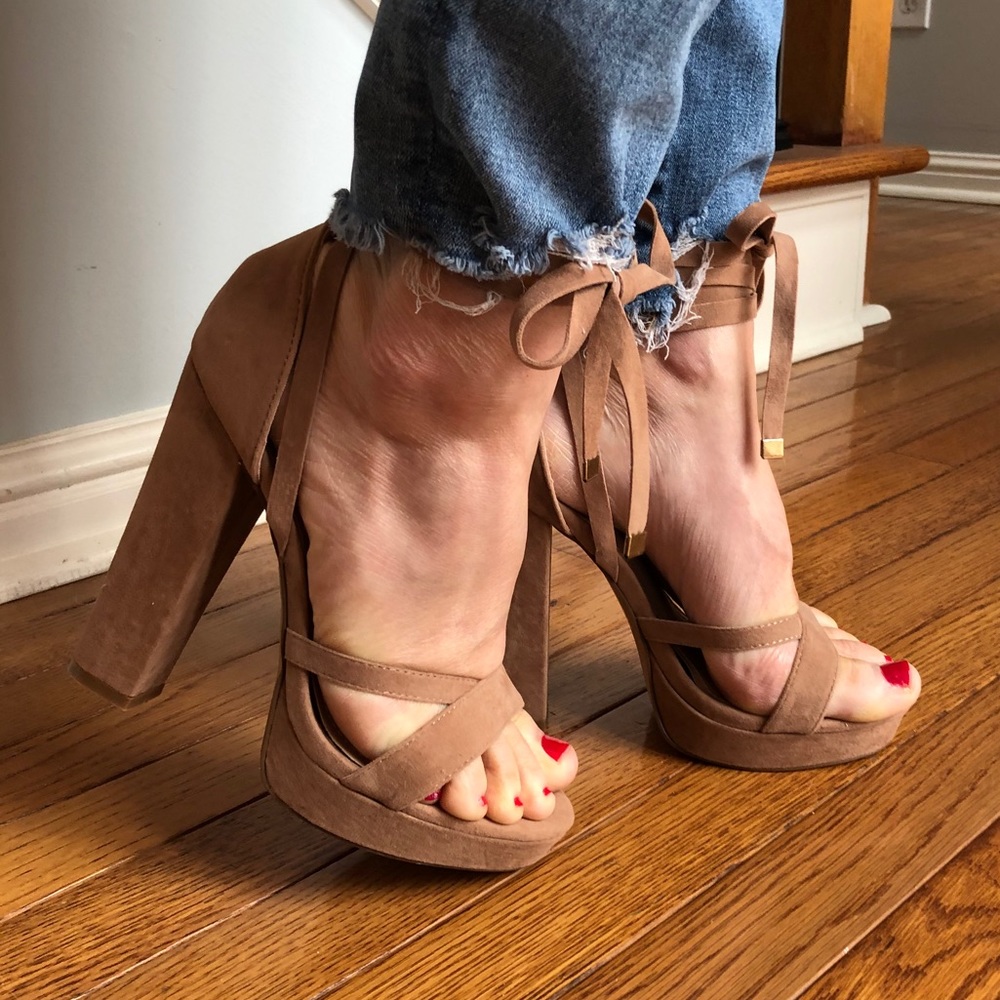 Tan suede ankle wrap heels!